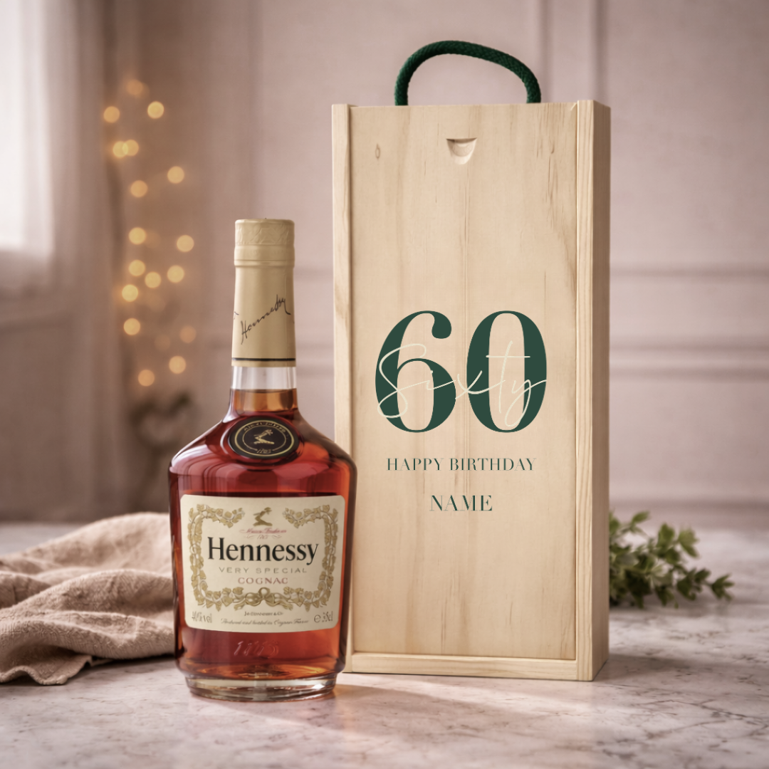 Personalised 60th Birthday Hennessy VS Cognac Gift Set – 70cl Luxury Cognac with Personalised Lid