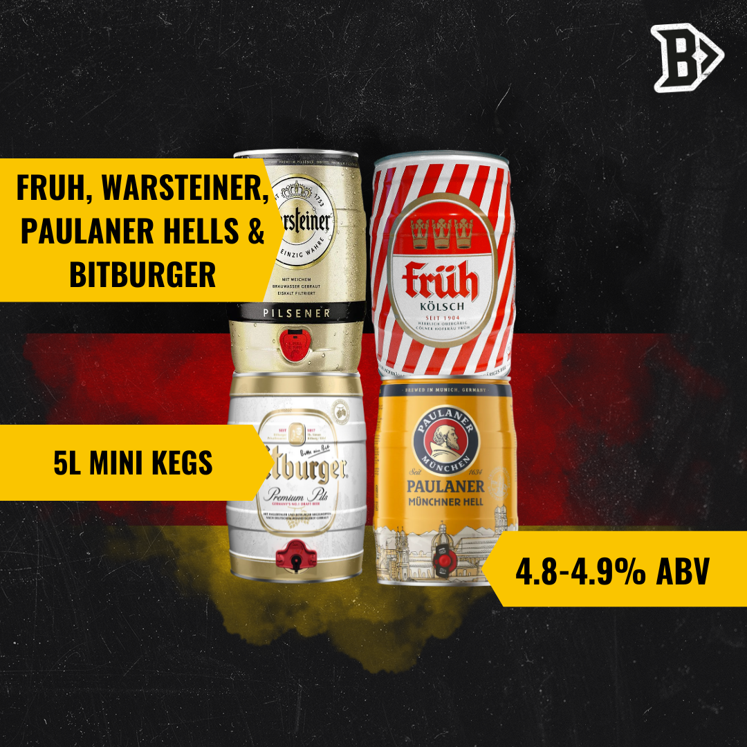 Premium German 5ltr Mini Kegs Variety Collection - (Fruh, Warsteiner, Paulaner & Bitburger)