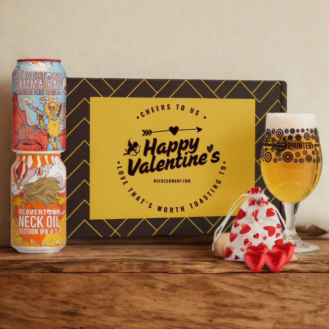 Personalised Valentine's Day Beavertown Craft Beer Can Gift Set with Branded Glass and Heart Chocolates