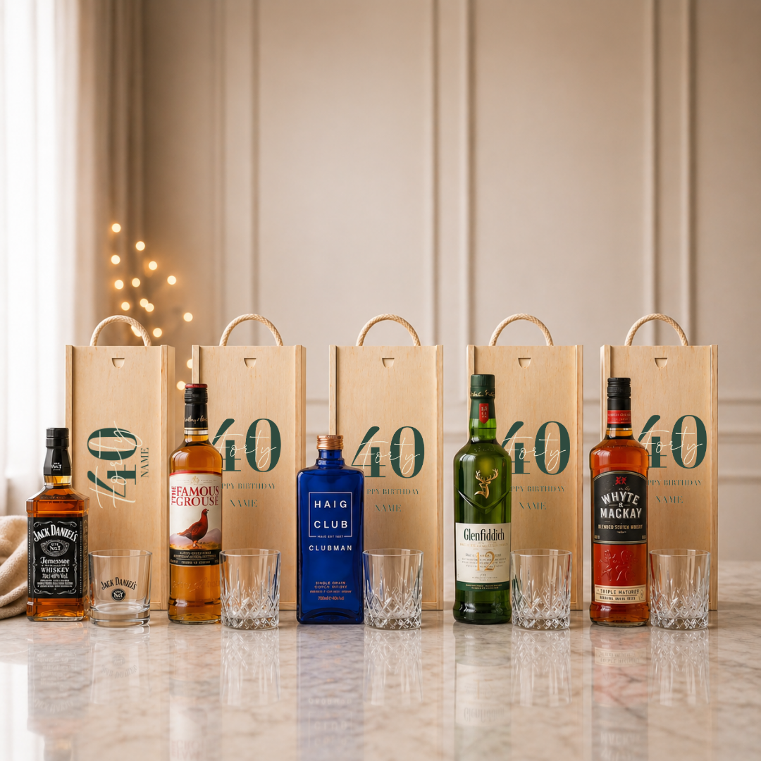 Personalised 40th Birthday Whisky Gift Set with Glass & Personalised Lid (Choose JD, Glenfiddich, Haig Club & More) – 70cl