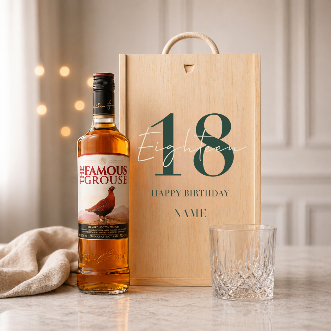 Personalised 18th Birthday Whisky Gift Set with Glass & Personalised Lid (Choose JD, Glenfiddich, Haig Club & More) 70cl