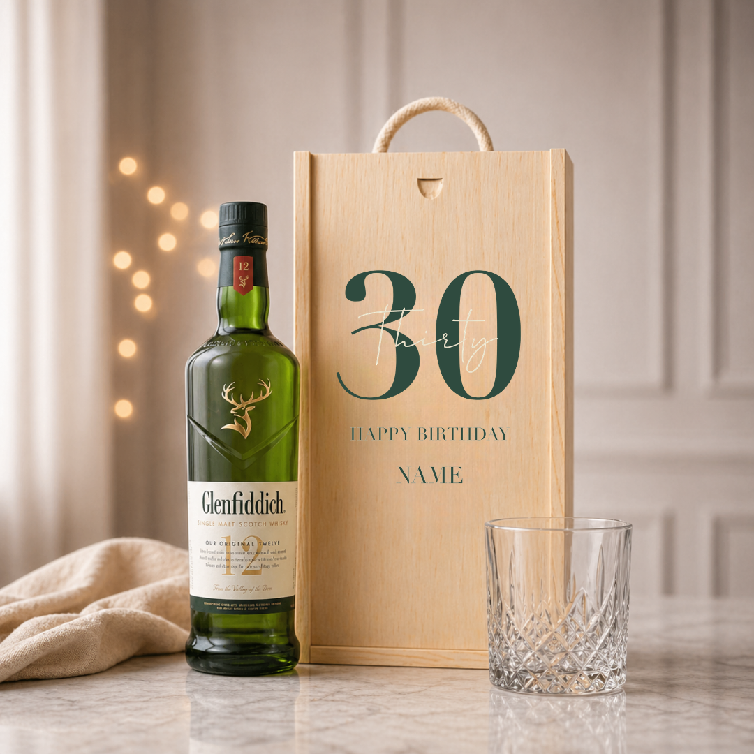 Personalised 30th Birthday Whisky Gift Set with Glass & Personalised Lid (Choose JD, Glenfiddich, Haig Club & More) – 70cl