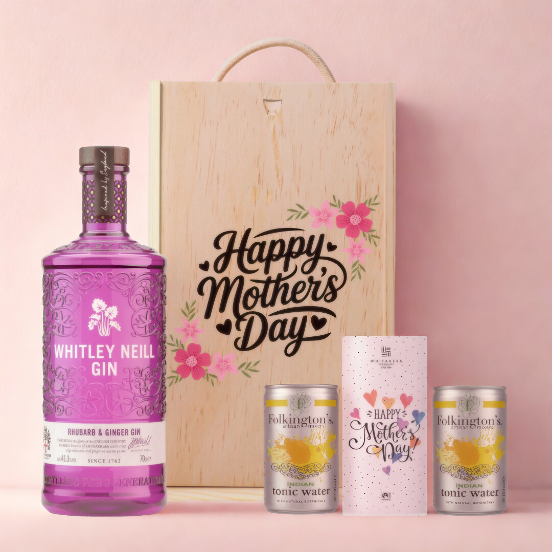 Mother’s Day Gin Gift Set – Whitley Neill Rhubarb & Ginger (70cl) with Tonics & Chocolate – Luxury Mother’s Day Gift for Mum