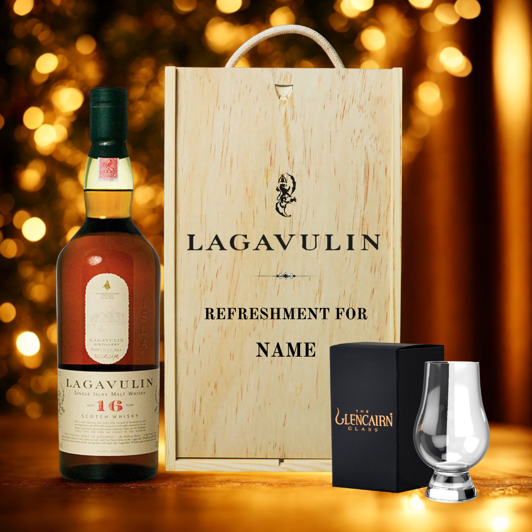 Personalised Lagavulin Single Malt Scotch Whisky with Glencairn Glass Gift Set in Wooden Box - 43% ABV (70cl)