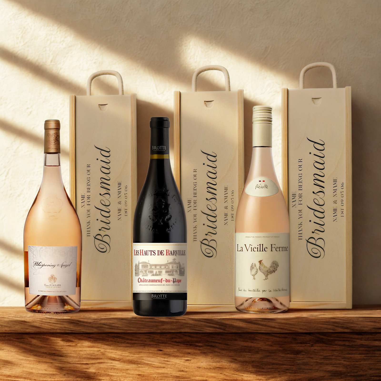 Personalised Bridesmaid Wine Gift Set with Wooden Presentation Box