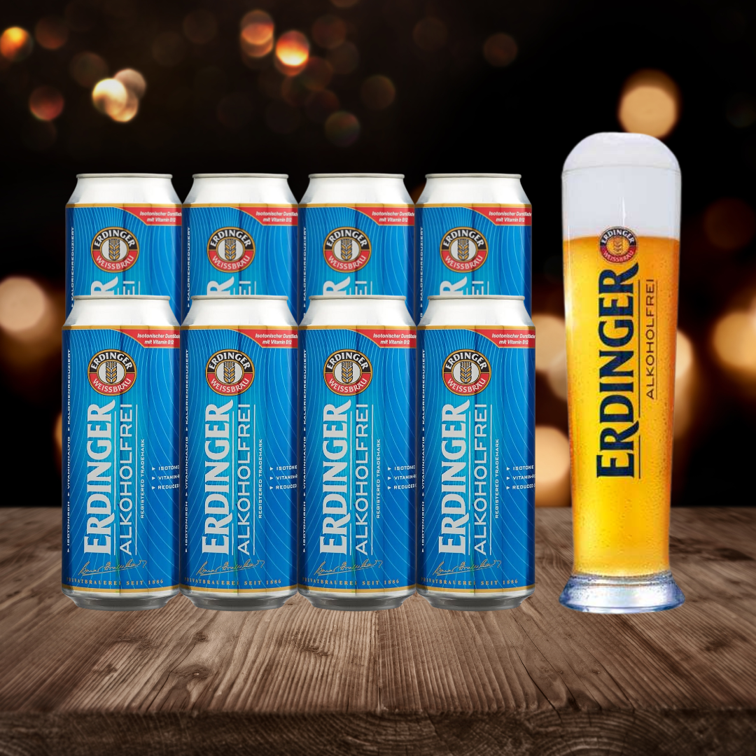 Erdinger Alkoholfrei German Alcohol Free Wheat Beer 500ml Cans with Free ERDINGER Glass - 0.5% ABV (8 Pack)