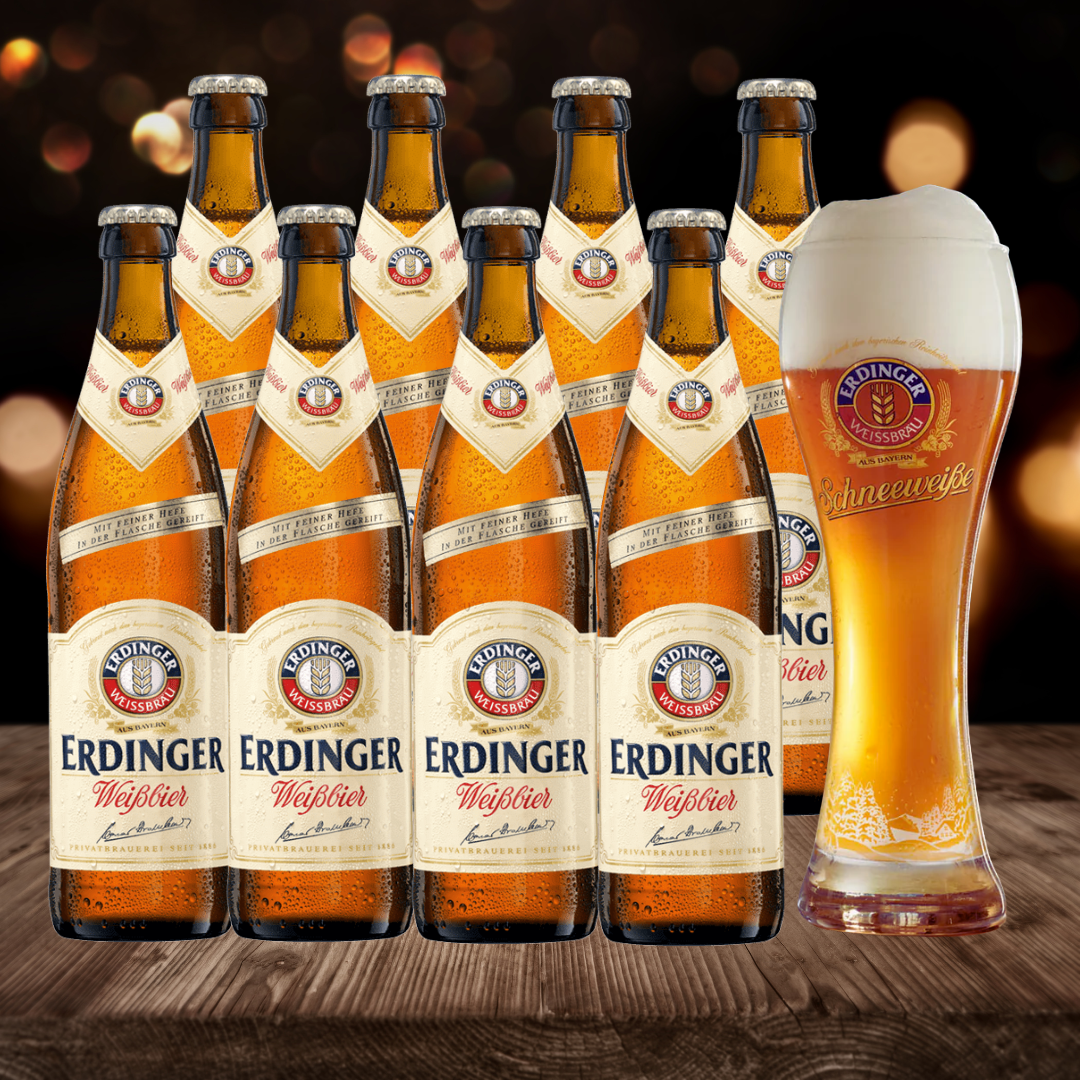 Erdinger Weissbier German Wheat Beer 500ml Bottles with Free Schneeweisse Glass - 5.3% ABV (8 Pack)