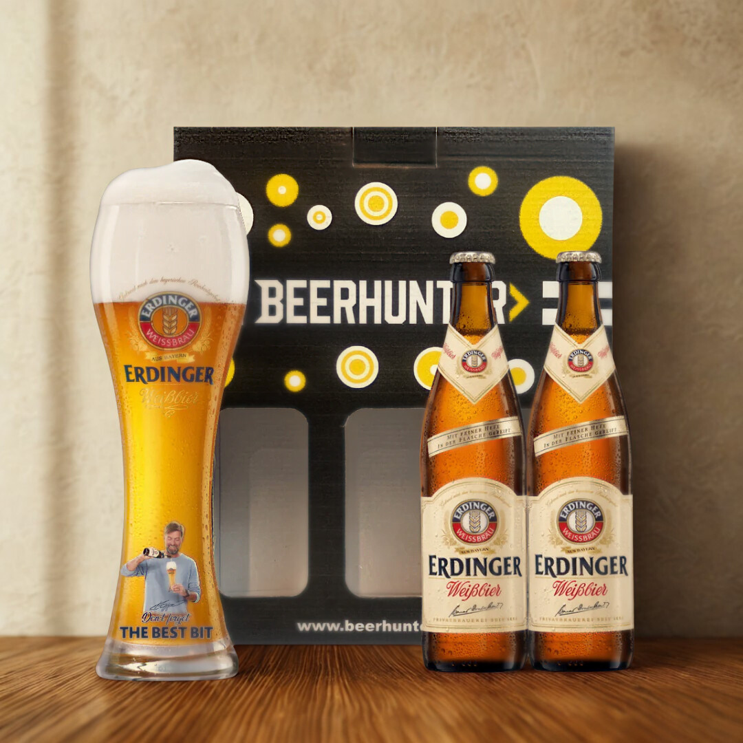 Erdinger Weissbier German Wheat Beer 500ml Bottles Gift Set with Klopp Glass - 5.3% ABV (2 Pack)
