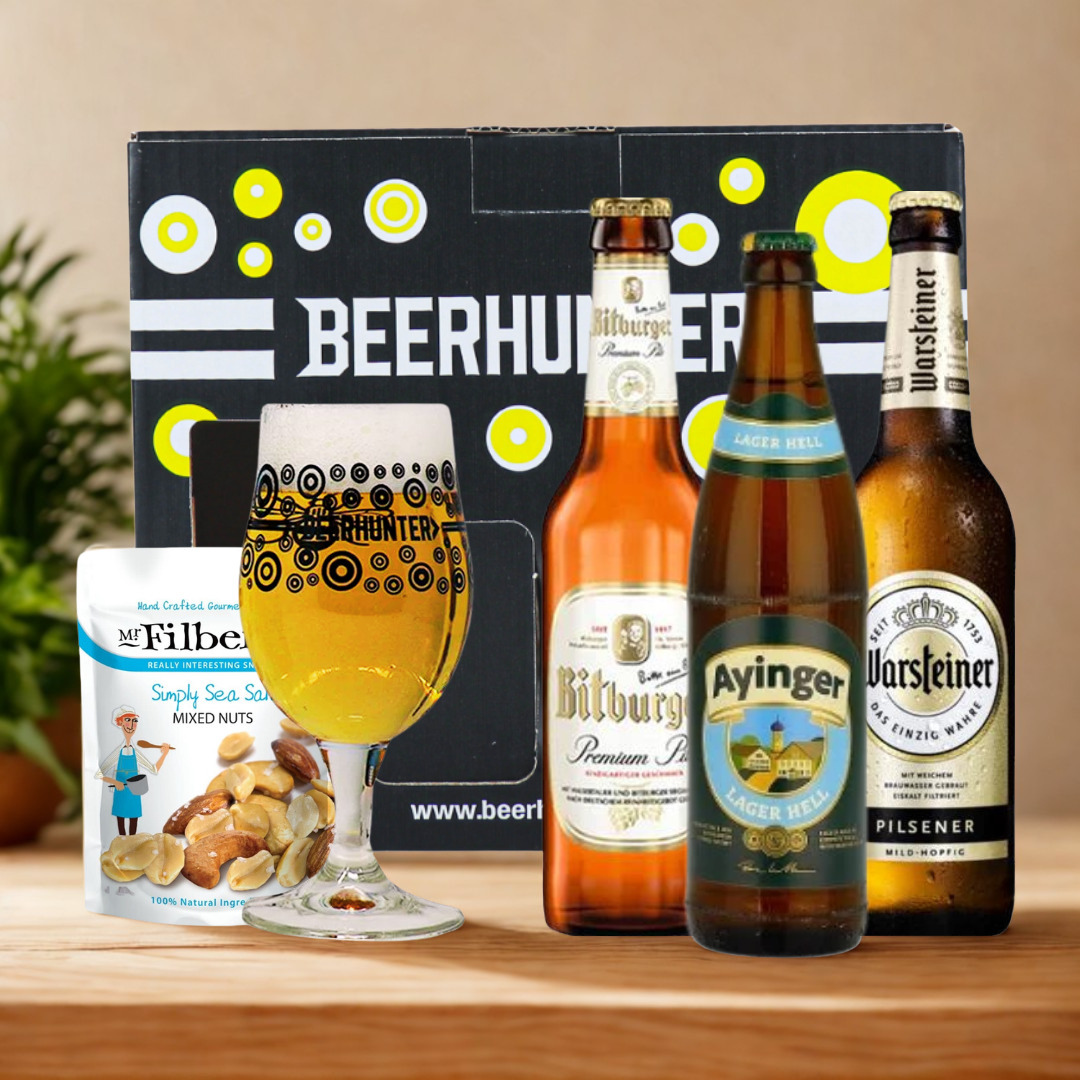 German Breweries Mixed Beer Gift Set with Glass (3 Pack) - Ayinger, Bitburger & Warsteiner Pilsner