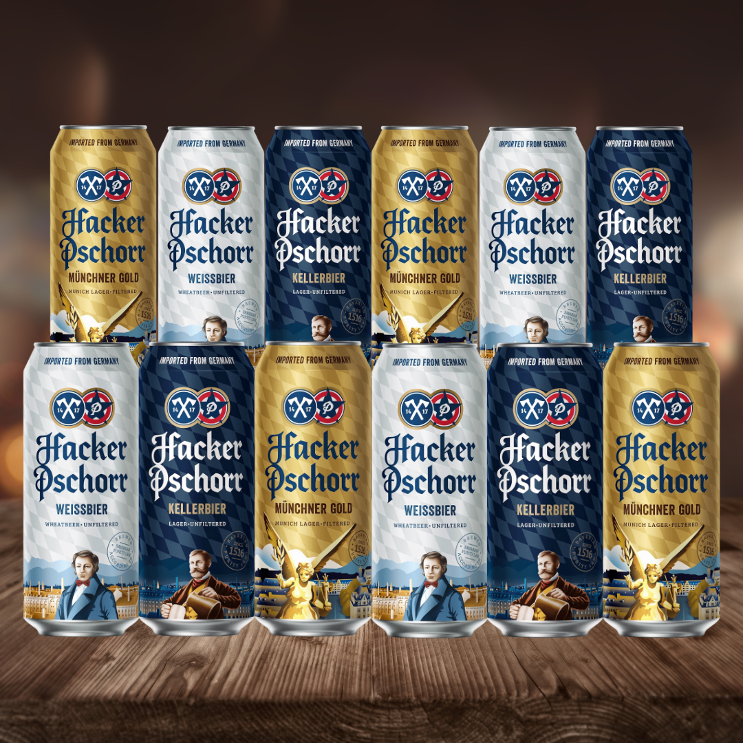 Hacker Pschorr Mixed Beer Case of German Weissbier, Kellerbier & Gold Pack 500ml Cans (12 Pack) - BEERHUNTER