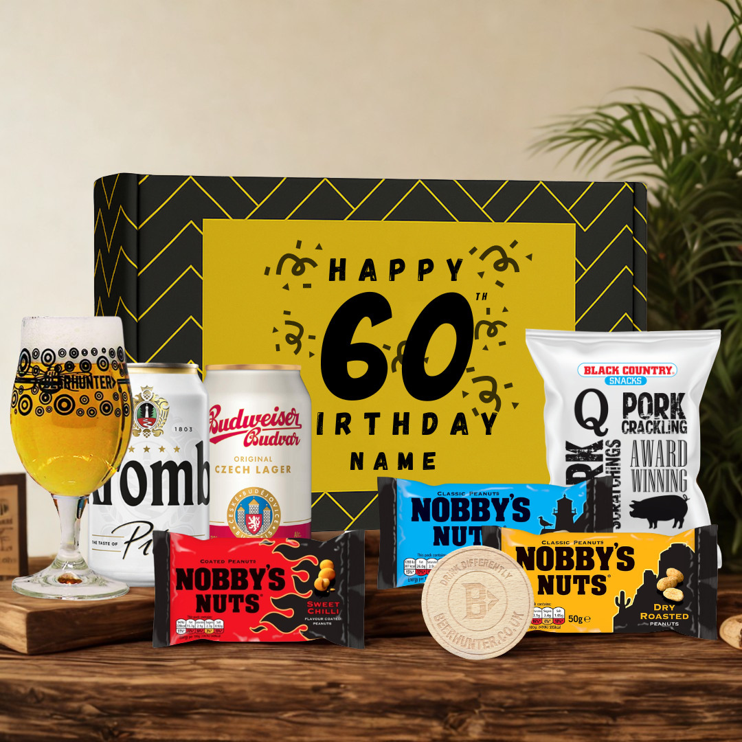 Personalised 60th Birthday Beer Gift Set – Craft Beer Selection with Glass & Snacks (2 Pack)