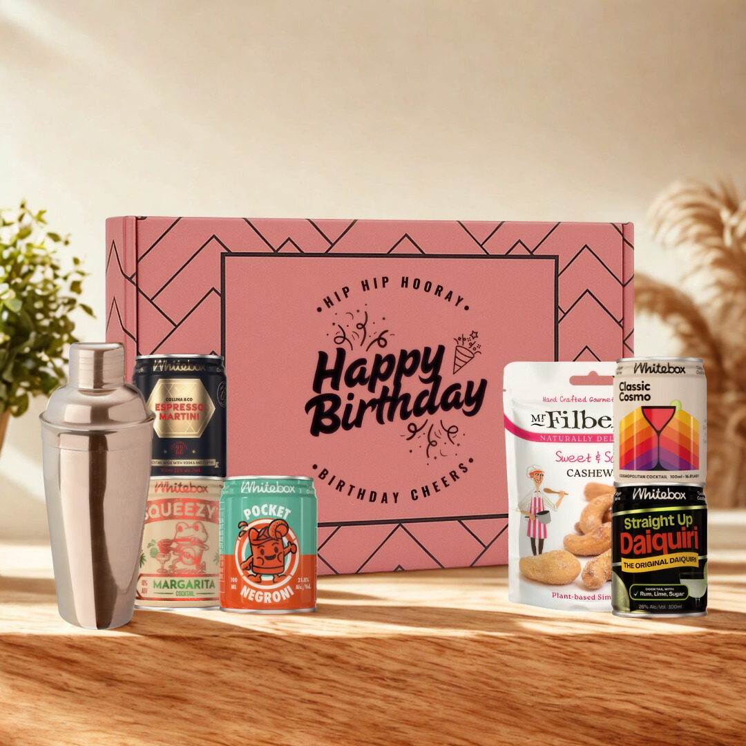 Happy Birthday Gift Box with Whitebox Ready-to-Drink Cocktail Cans & Gourmet Snack Gift Box (5 x 10cl)