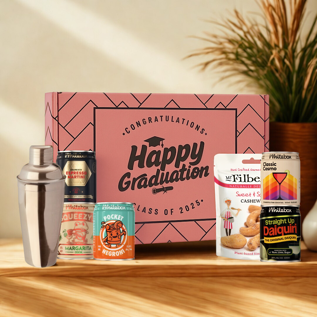 Happy Graduation Gift Box with Whitebox Ready-to-Drink Cocktail Cans & Gourmet Snack Gift Box (5 x 10cl)