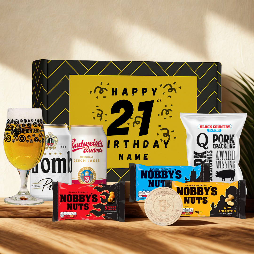 Personalised 21st Birthday Beer Gift Set – Craft Beer Selection with Glass & Snacks (2 Pack)