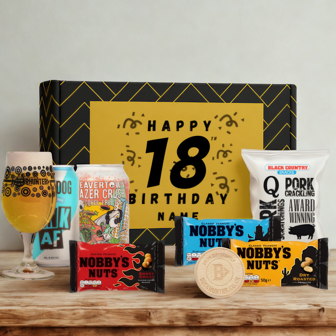 Personalised 18th Birthday Beer Gift Set – Craft Beer Selection with Glass & Snacks (2 Pack)