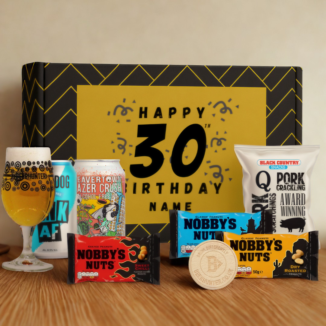 Personalised 30th Birthday Beer Gift Set – Craft Beer Selection with Glass & Snacks (2 Pack)