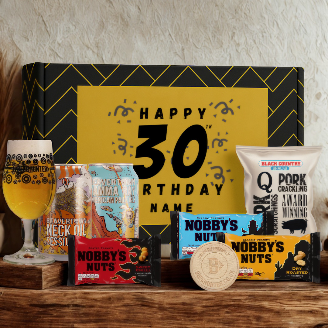 Personalised 30th Birthday Beer Gift Set – Craft Beer Selection with Glass & Snacks (2 Pack)