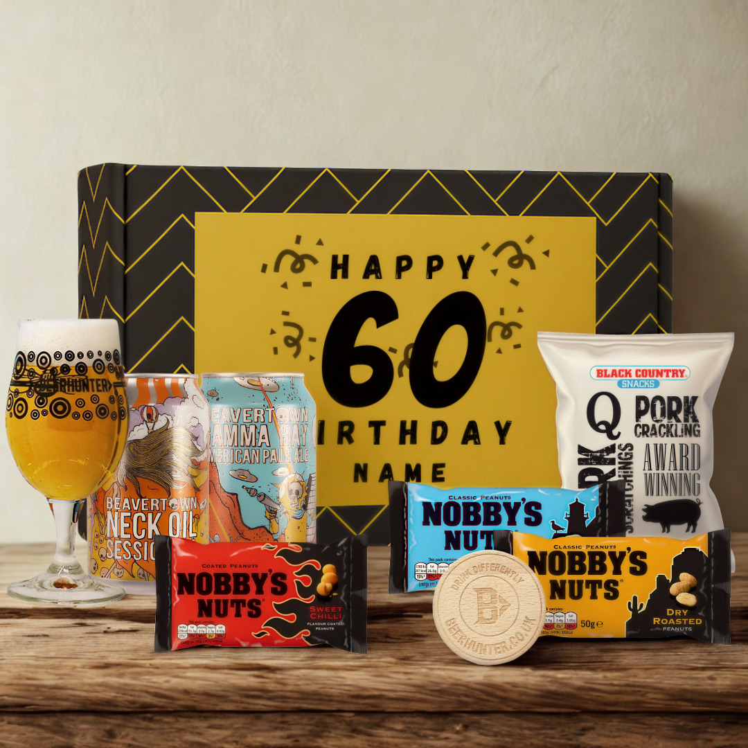 Personalised 60th Birthday Beer Gift Set – Craft Beer Selection with Glass & Snacks (2 Pack)