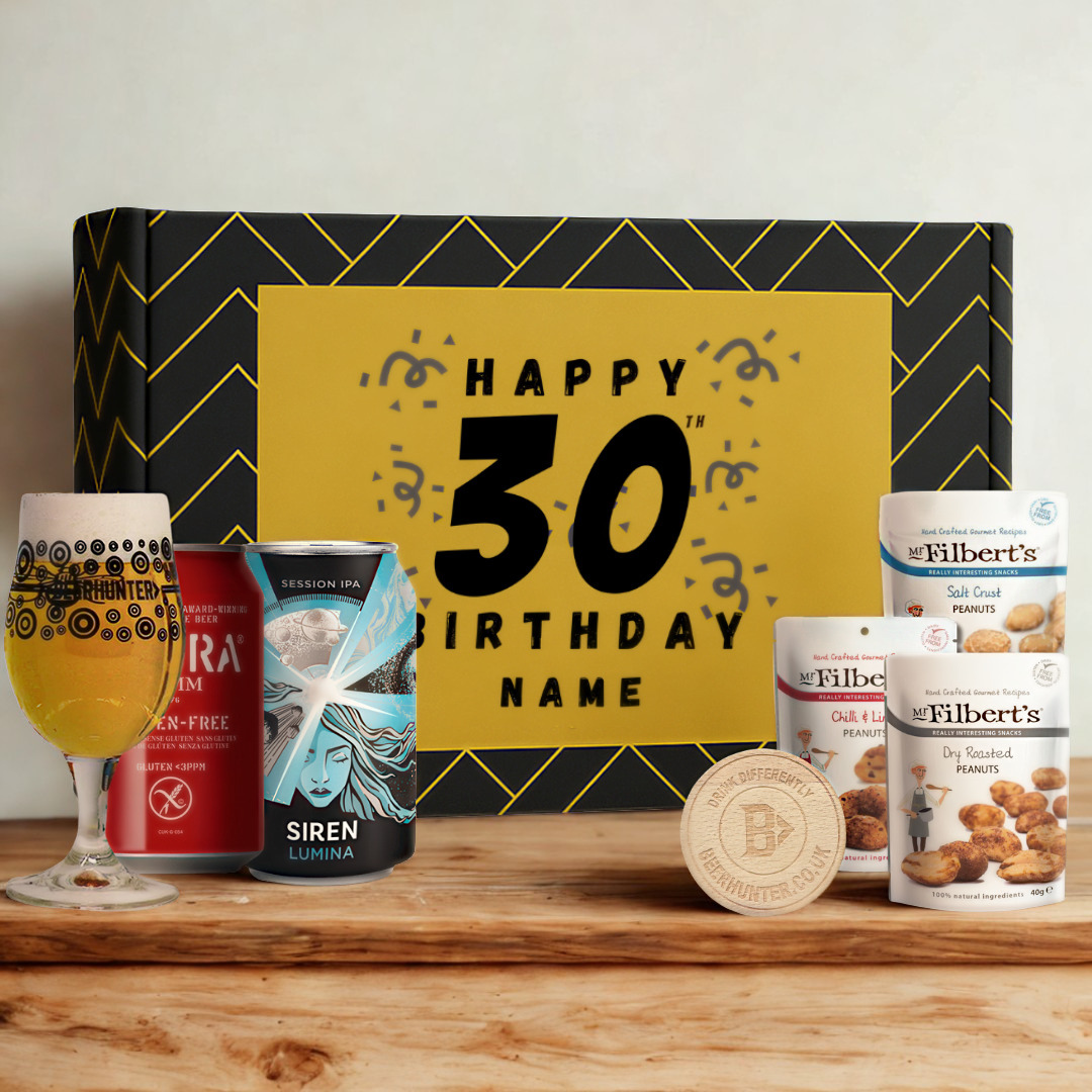 Personalised 30th Birthday Beer Gift Set – Craft Beer Selection with Glass & Snacks (2 Pack)
