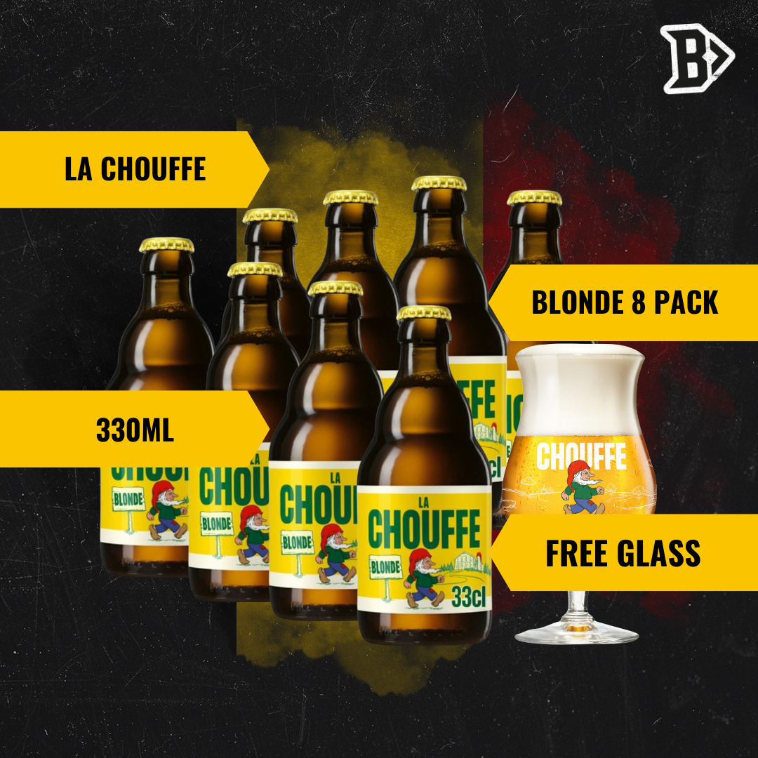 La Chouffe Belgian Blond Beer 330ml Bottles - 8.0% ABV (8 Multipack) with FREE Chouffe Glass