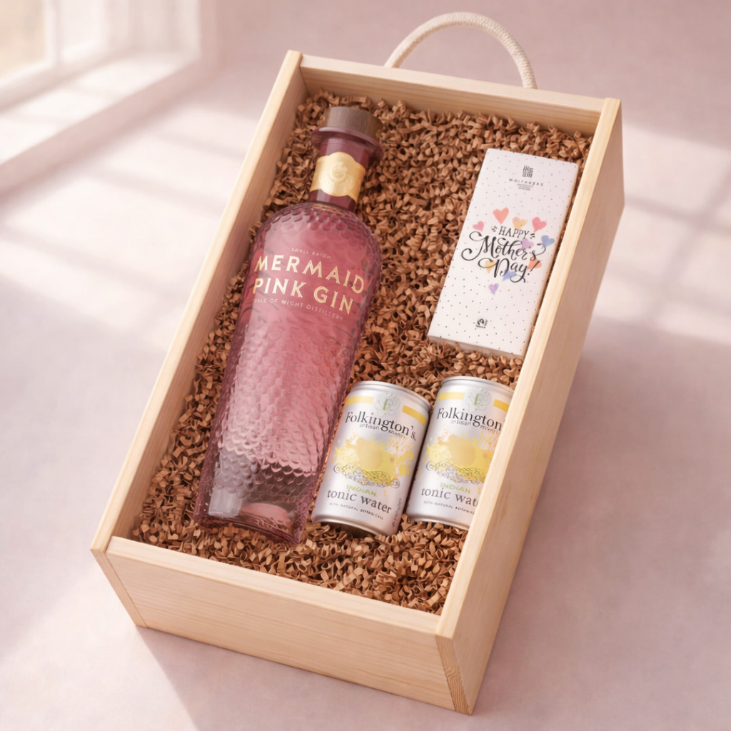 Mother’s Day Pink Gin Gift Set – Mermaid Pink Gin 70cl with Tonics & Chocolate – Luxury Mother’s Day Gift for Mum