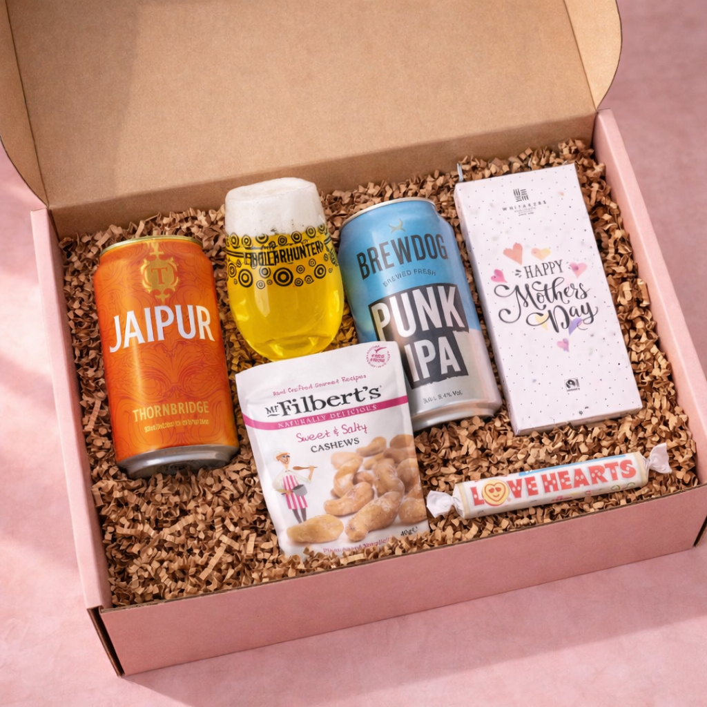 Mother’s Day Craft Beer Gift Set Jaipur & Punk IPA with Glass, Snacks & Chocolate