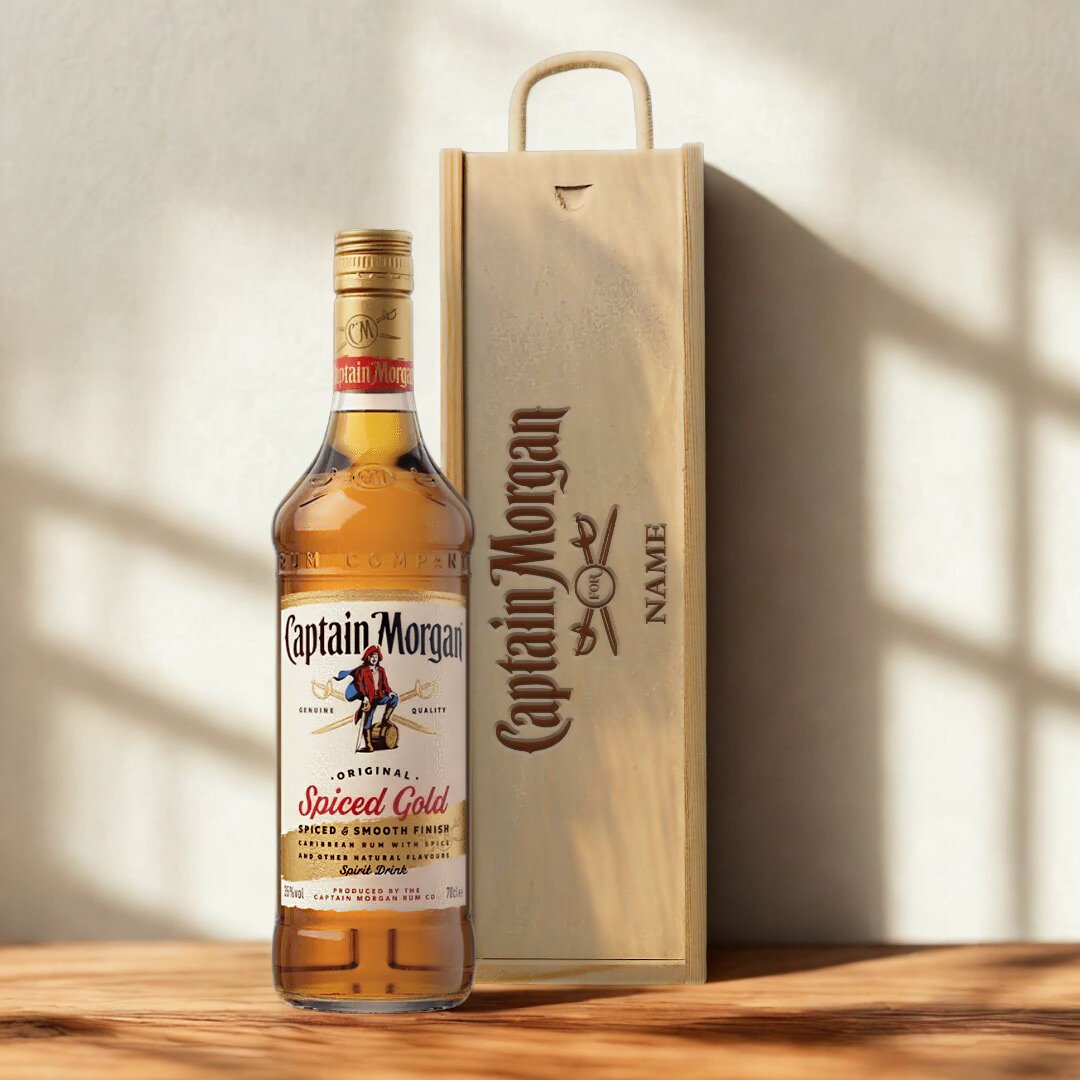 Personalised Captain Morgan Spiced Rum Gift Set in a Wooden Box (70cl)