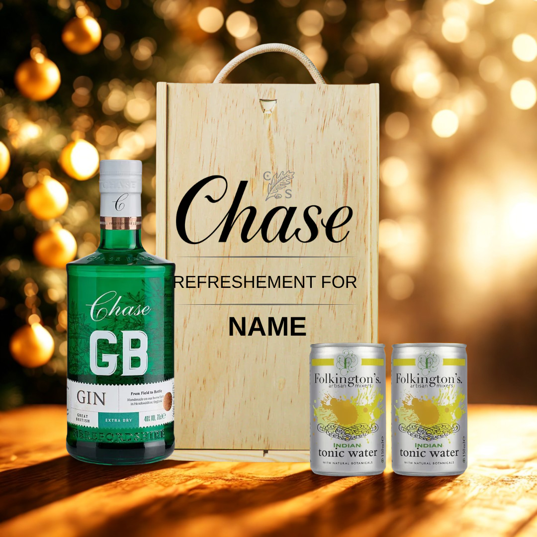 Personalised Chase GB Gin with Folkington's Tonics in Wooden Box Gift Set - 70cl (40% ABV)