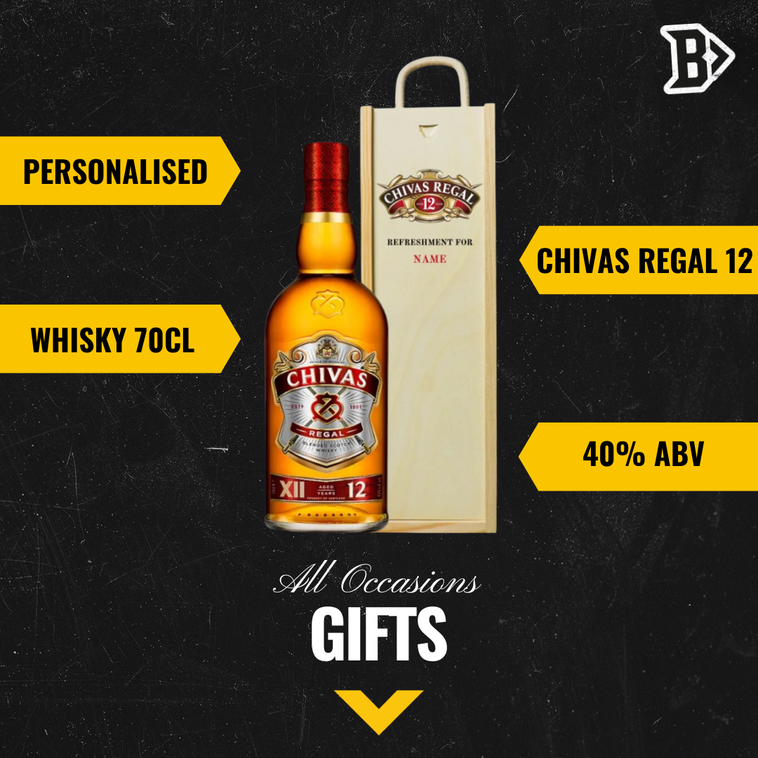 Personalised Chivas Regal 12 Year Scotch Whiskey Gift Set in Wooden Box - 40% ABV (70cl) - BEERHUNTER