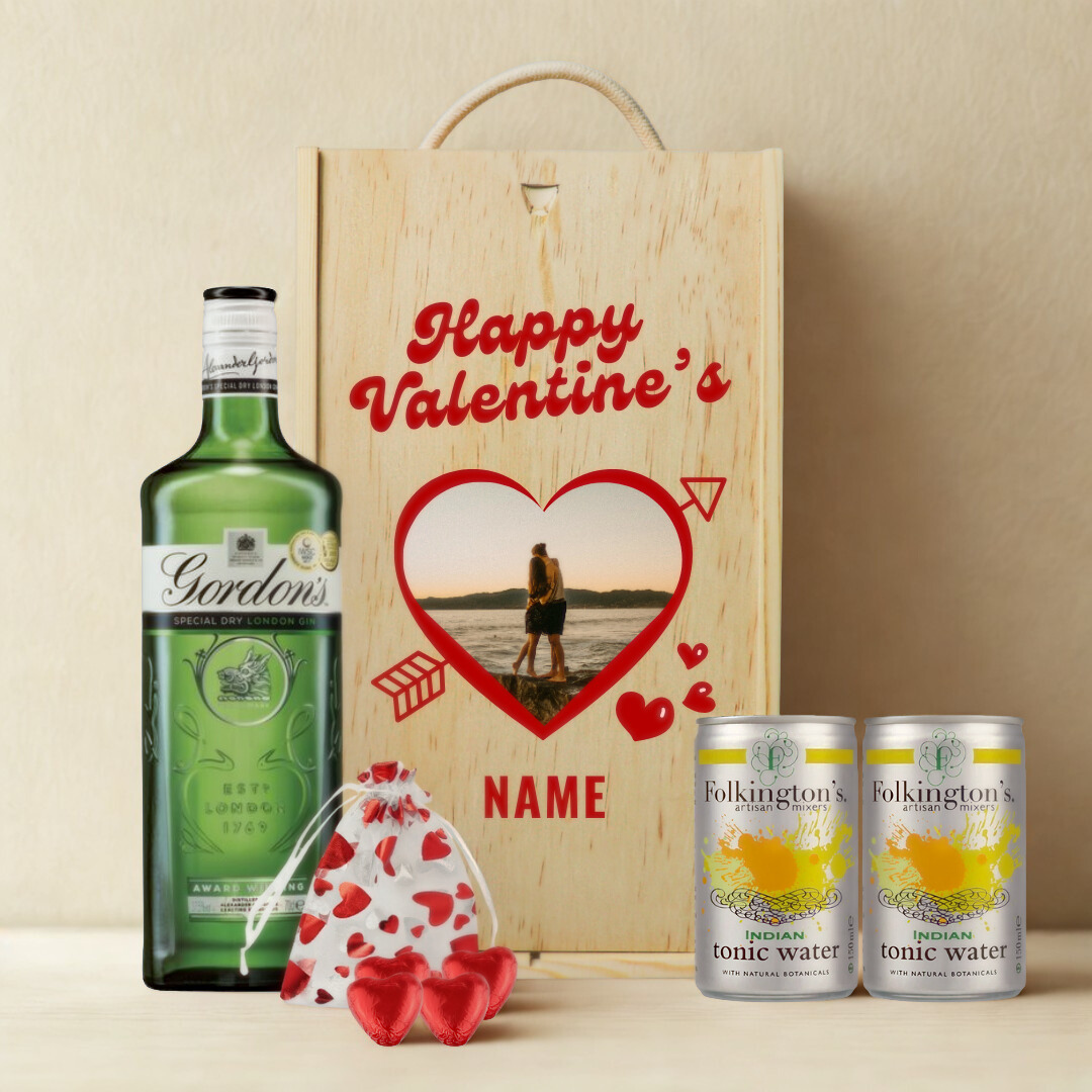 Personalised Custom Name & Photo Valentine's Day Gordon's Gin Gift Set with Folkingtons Tonics
