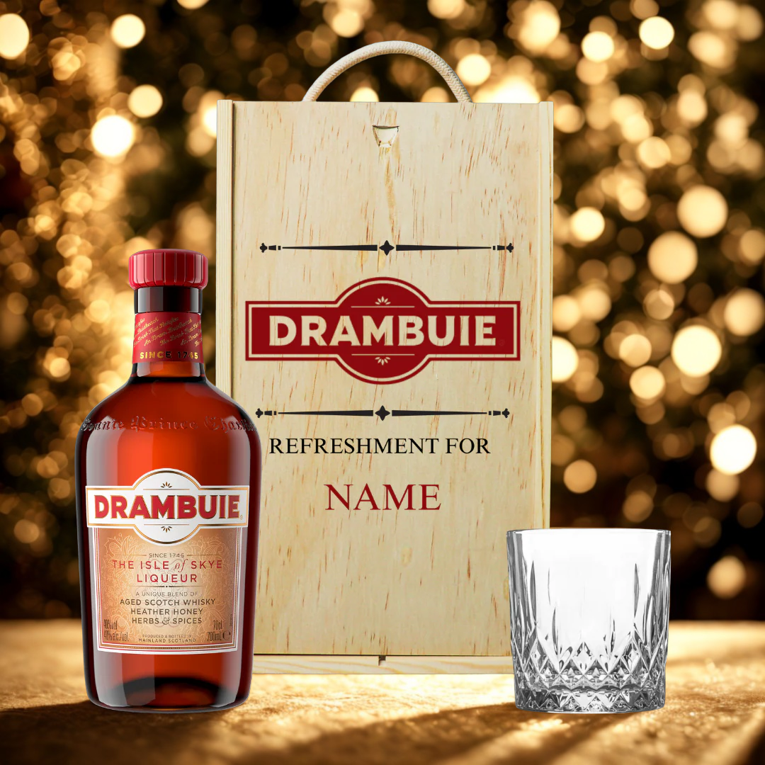 Personalised Drambuie Scotch Whisky Liqueur Gift Set with Whisky Glass in Wooden Box - 50cl (40%)