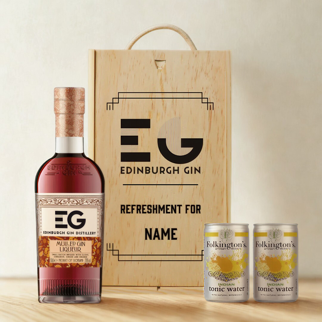 Personalised Edinburgh Mulled Gin Liqueur Gift Set with Folkington's Tonics