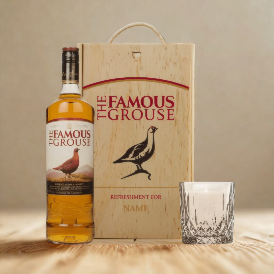 Personalised Famous Grouse Single Grain Whisky in Wooden Box with Glass 70cl (40% ABV)