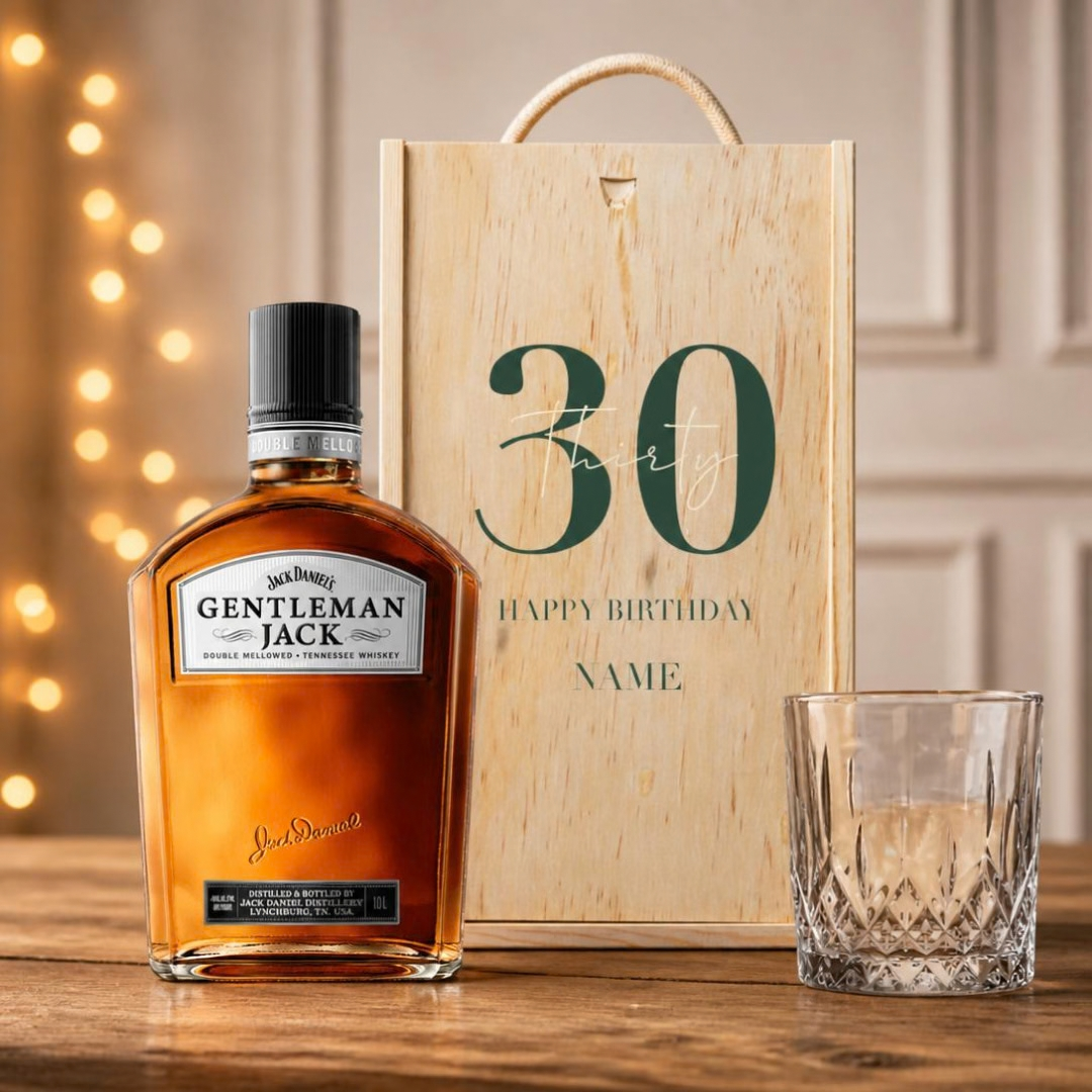 Personalised Gentleman Jack Whiskey Happy Birthday Gift Set with Glass 70cl - 40% ABV