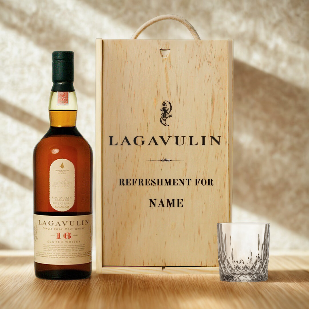 Personalised Lagavulin Single Malt Scotch Whisky Gift Set in Wooden Box - 43% ABV (70cl)
