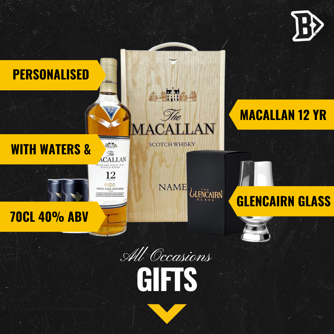 Personalised Macallan 12 Year Double Cask Scotch Whisky Gift Set with Glencairn Glass & Larkfire Whisky Water - BEERHUNTER