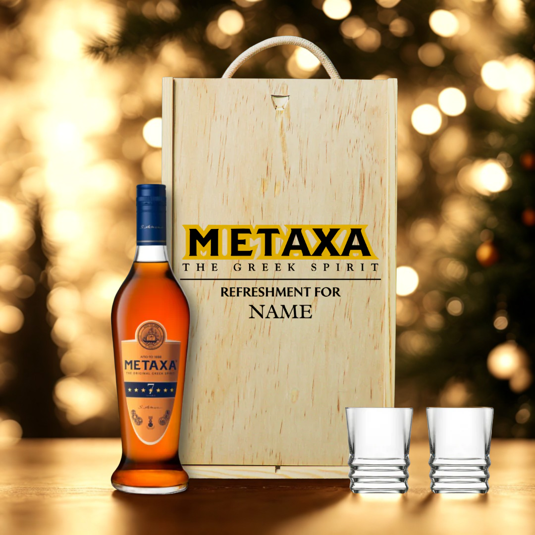 Personalised Metaxa 7 Stars Greek Spirit with Shot Glasses Gift Set - 70cl (40% ABV)