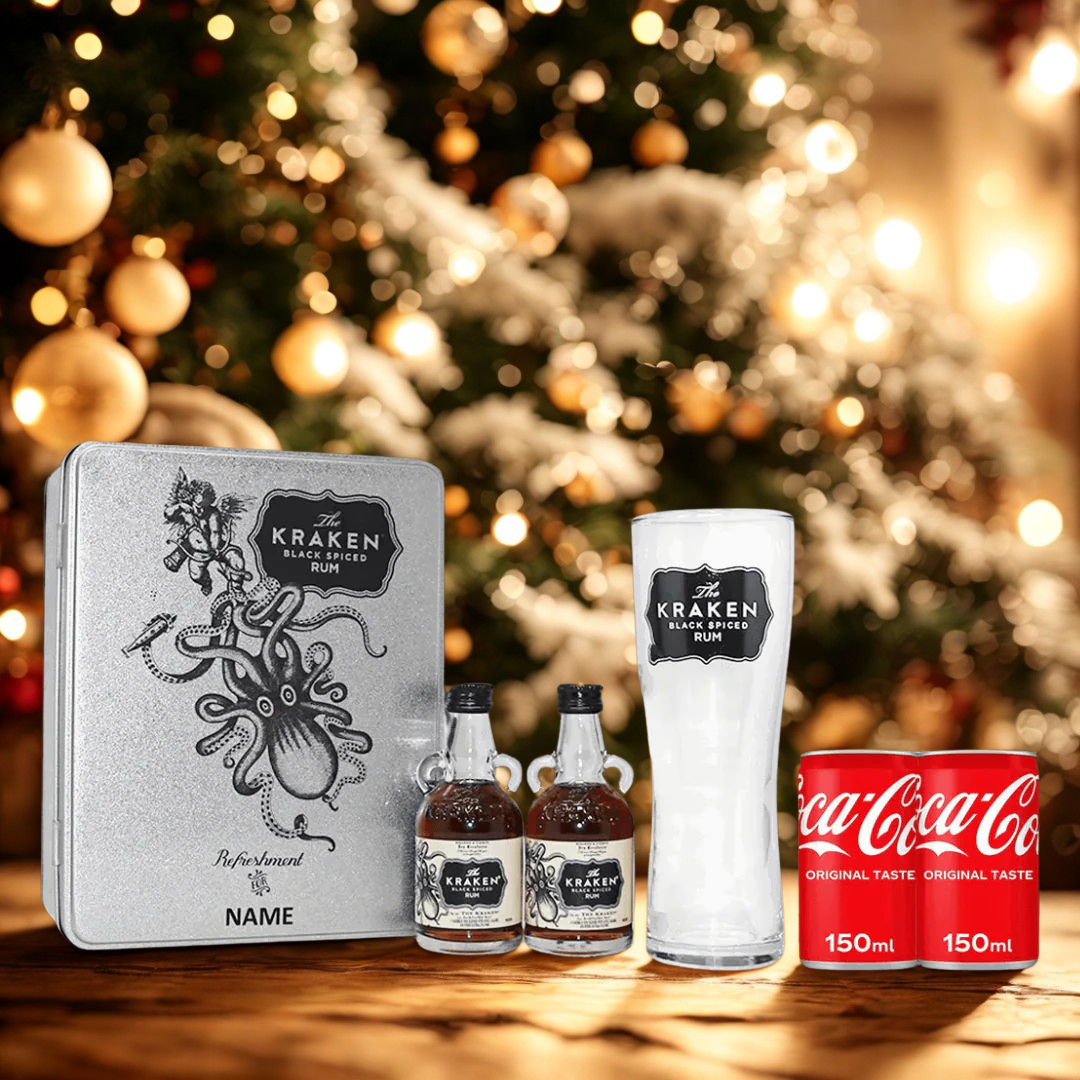 Personalised Miniature Kraken Spiced Rum Tin Gift Set with Branded Kraken Glass