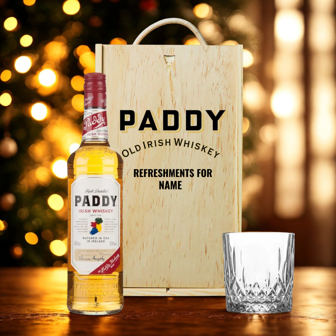 Personalised Paddy Irish Whiskey Gift Set in Wooden Box – 70cl (40% ABV)
