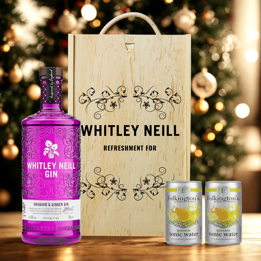 Personalised Whitley Neill Rhubarb & Ginger Gin Gift Set in Wooden Presentation Gift Box - 70cl