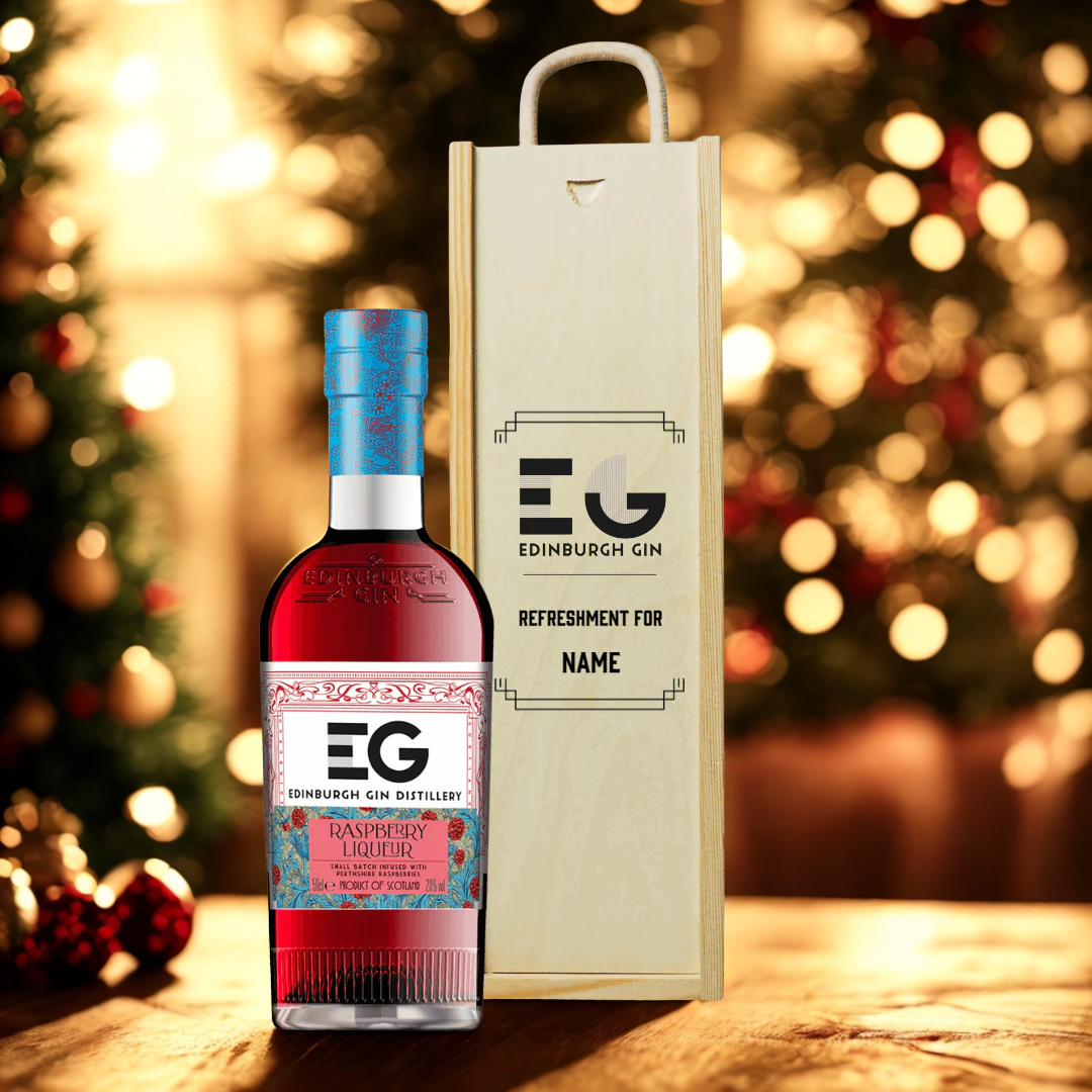 Personalised Wooden Gift Box with Edinburgh Raspberry Gin Liqueur