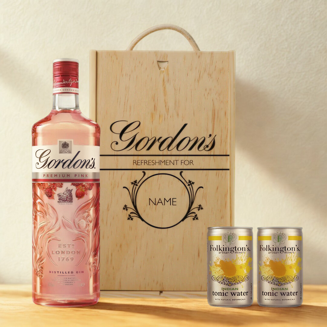 Personalised Wooden Gift Box with Gordon's Pink Gin