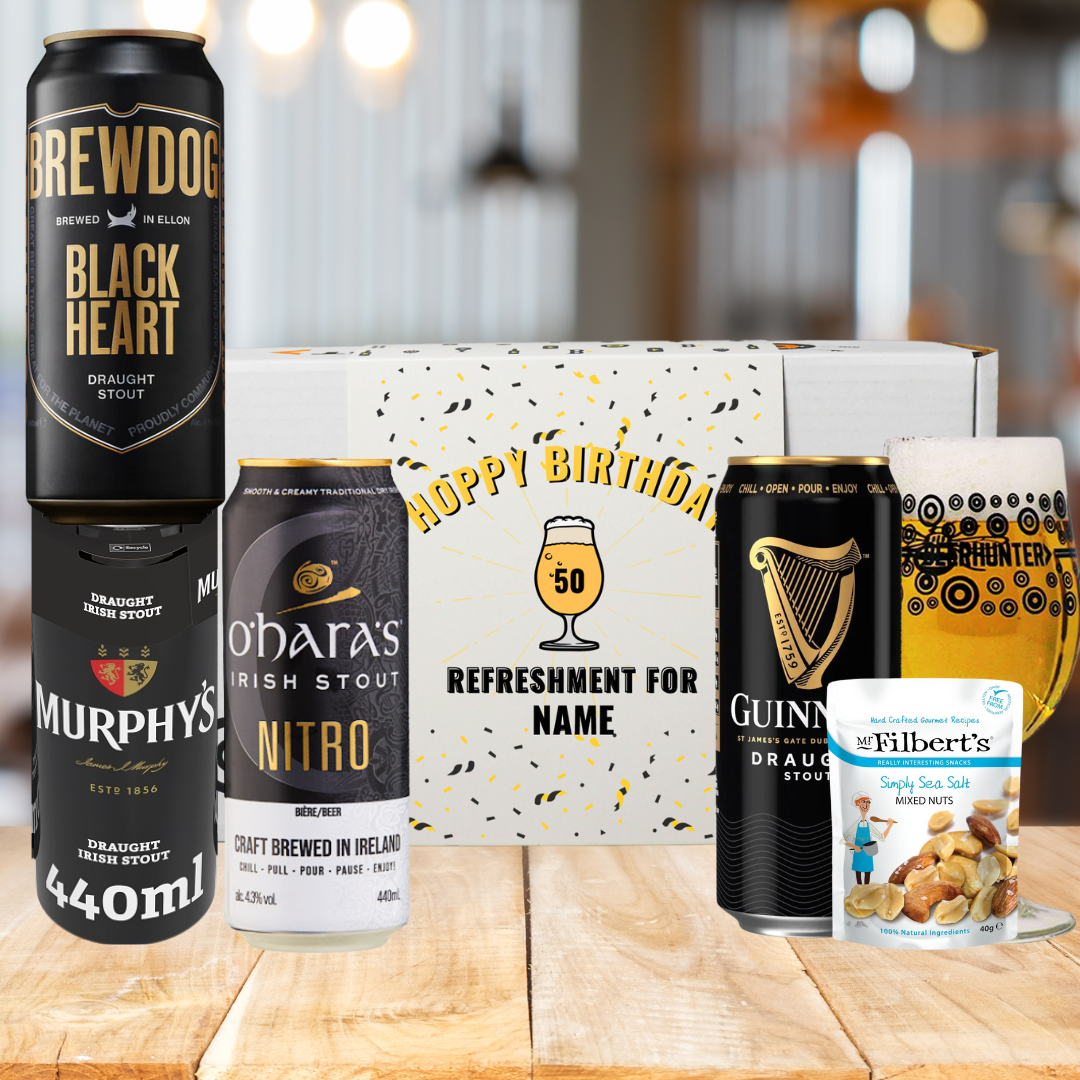 Personalised 'Hoppy Birthday' Stout Beer 4 Can Gift Pack with Glass & Snack