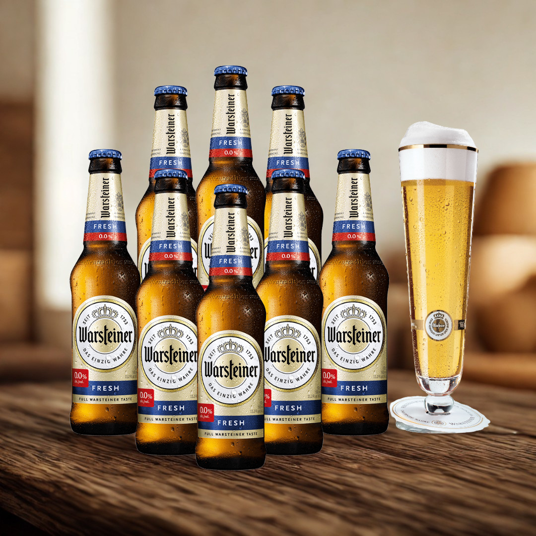 Warsteiner Fresh Alcohol Free German Pilsner 330ml Bottles with Warsteiner Glass - 0.0% ABV (8 Pack)