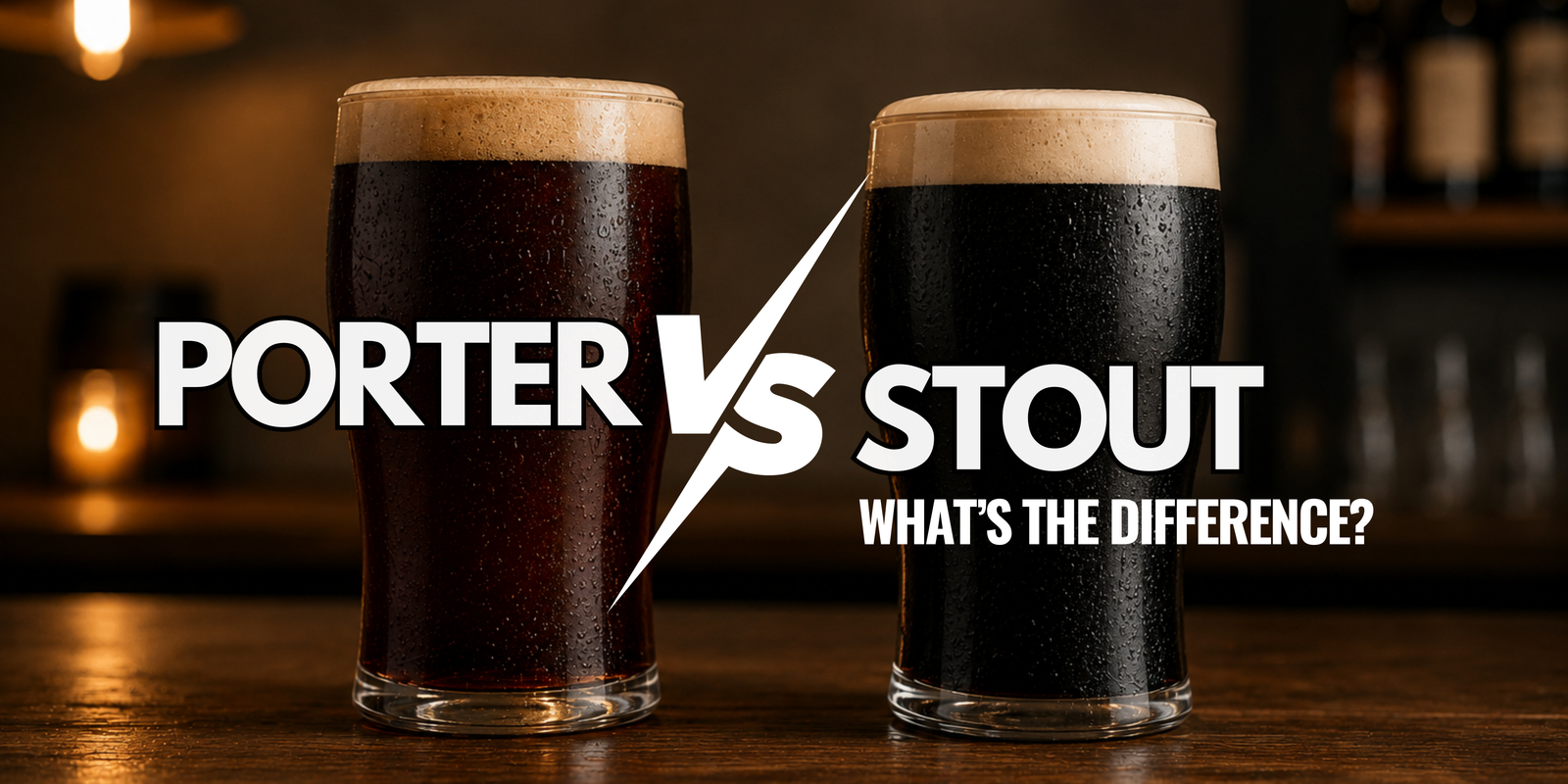 Porter vs stout comparison showing a rich chocolate porter beside a creamy roasted stout to explain the difference between porter and stout