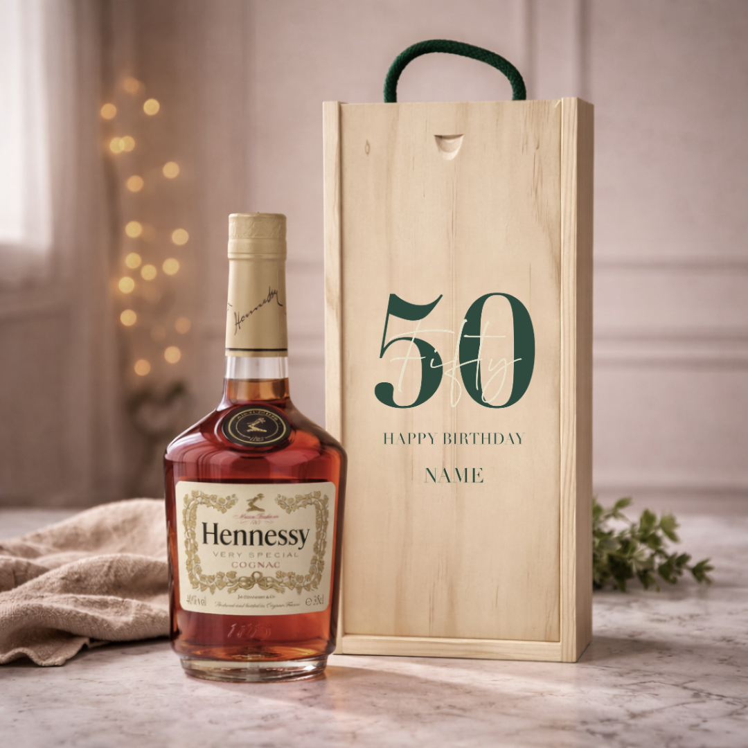 Personalised 50th Birthday Hennessy VS Cognac Gift Set – 70cl Luxury Cognac with Personalised Lid