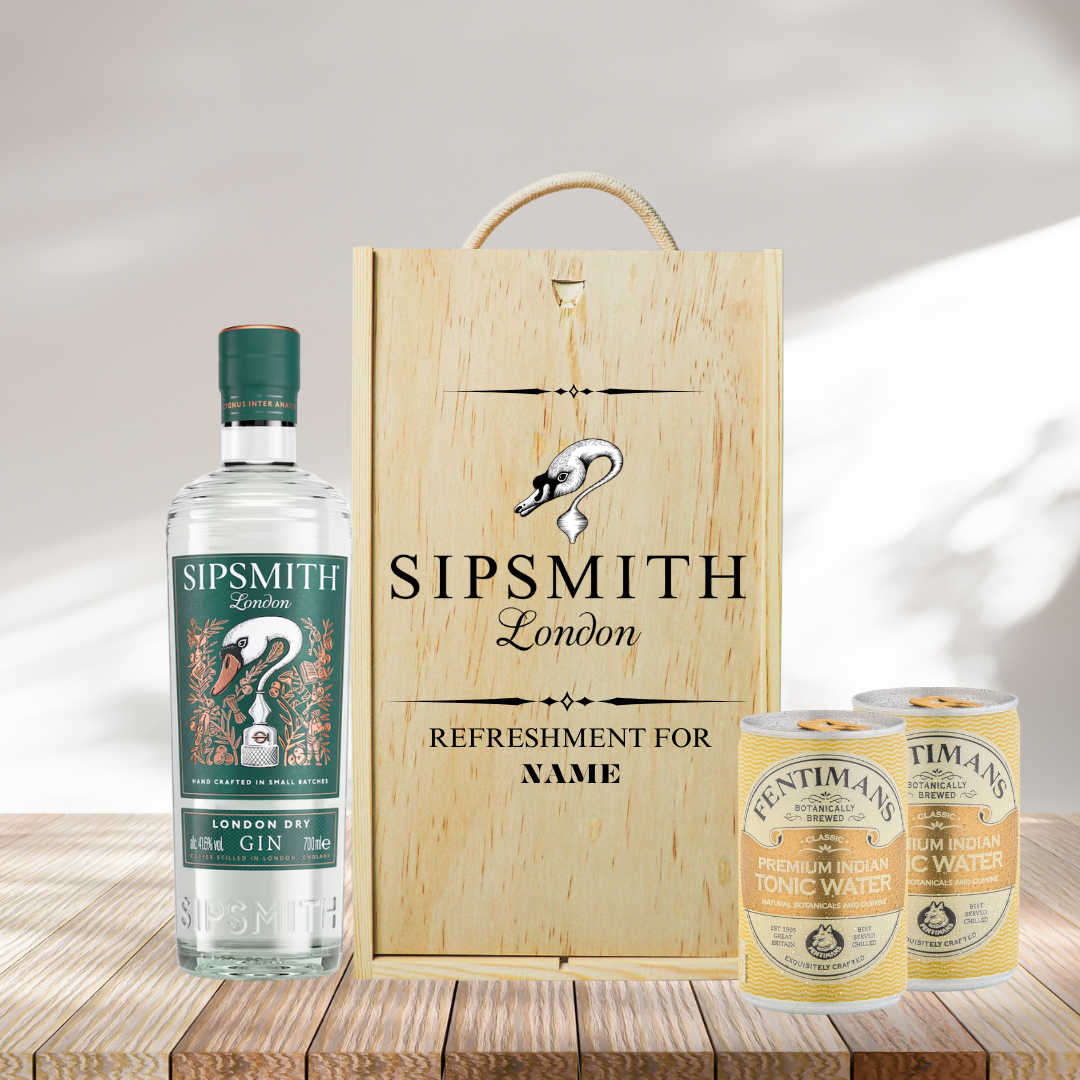 Personalised Sipsmith London Dry Gin &amp; Fentimans Tonic Gift Set in Wooden Box – 70cl (41.6% ABV)