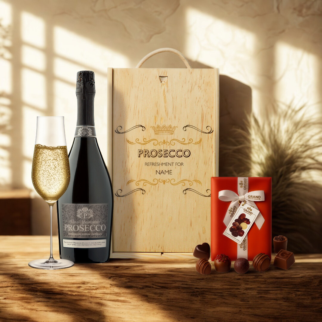 Personalised Vino Spumante Prosecco Gift Box with Belgian Chocolates (75cl)