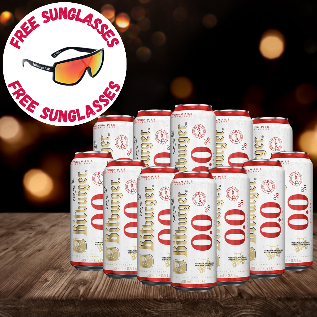 Bitburger Drive Alcohol Free German Pilsner 500ml Cans WITH FREE SUNGLASSES - 0.0% ABV (Multipack)