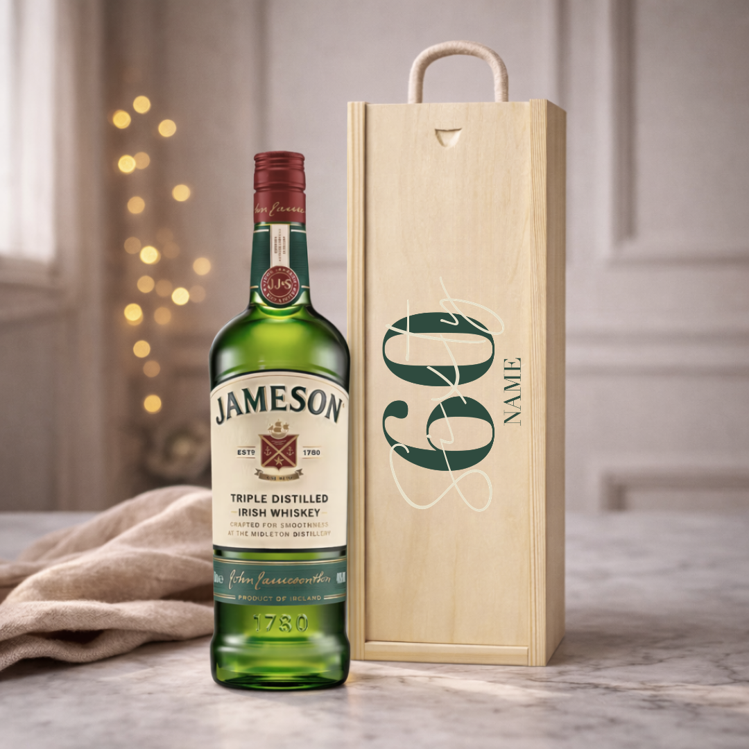 Personalised 60th Birthday Jameson Irish Whiskey Gift Set – 70cl Triple Distilled Whiskey with Personalised Lid